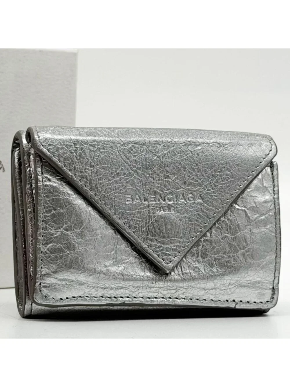 Balenciaga Paper Mini Silver Trifold Compact Wallet